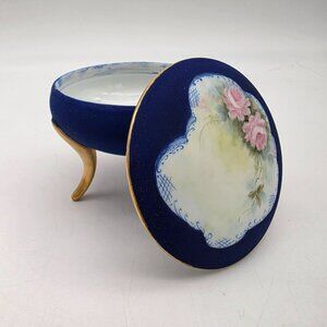 VTG Cobalt Blue Porcelain Footed Trinket Box Floral Lid By E. Cumbria